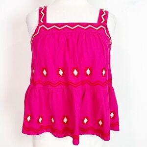 LOFT PINK WITH RED & WHITE EMBROIDERY SLEEVELESS PEPLUM HEM SHIRT SZ XS